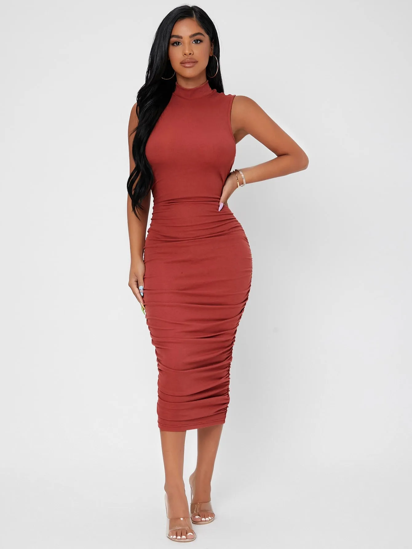 Elegant Plain Ruched Sleeveless Stand Collar Pencil Natural Long Dress