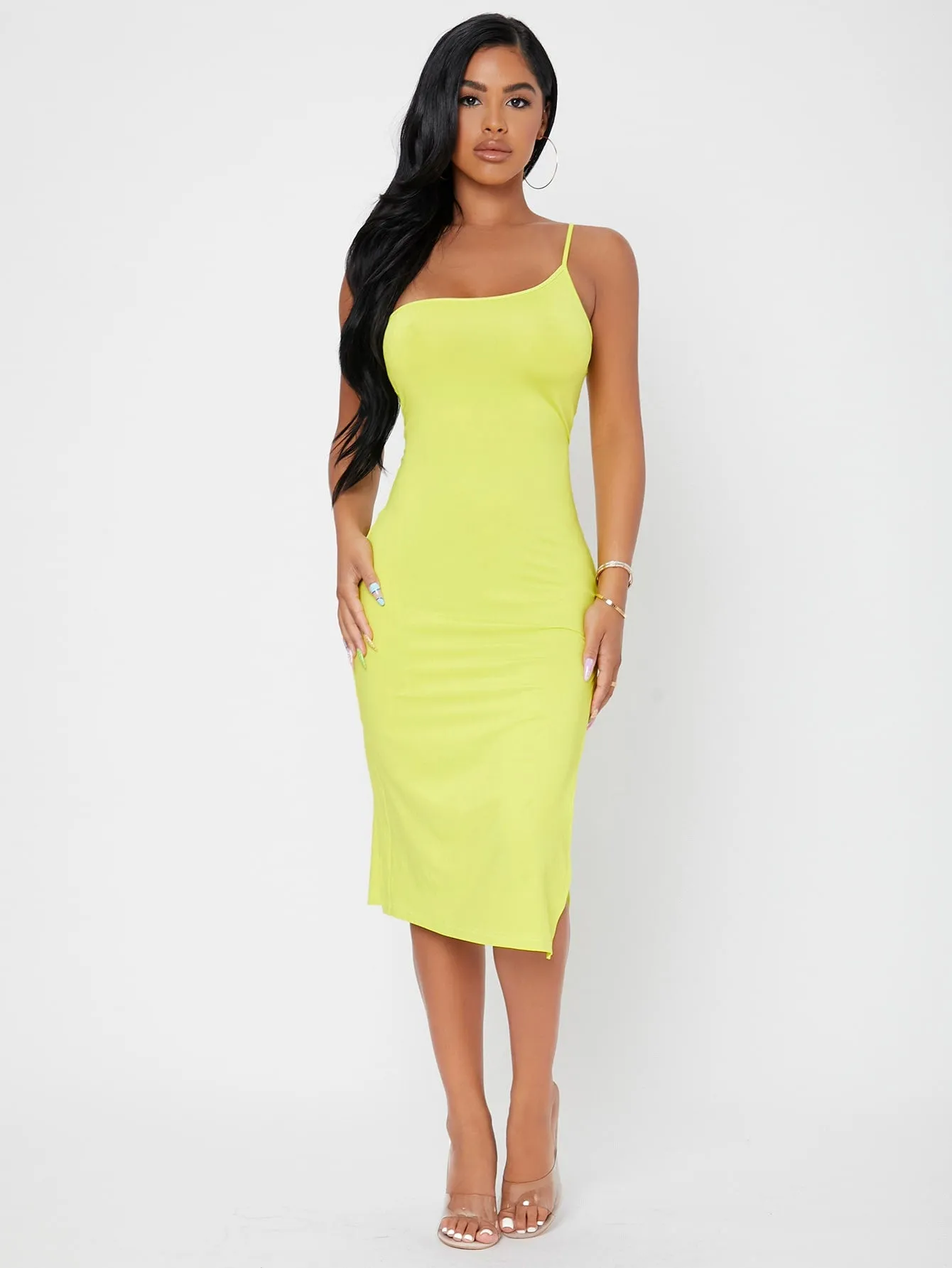 Elegant Plain Split Thigh Sleeveless Spaghetti Strap Slit High Waist Knee Length Dress