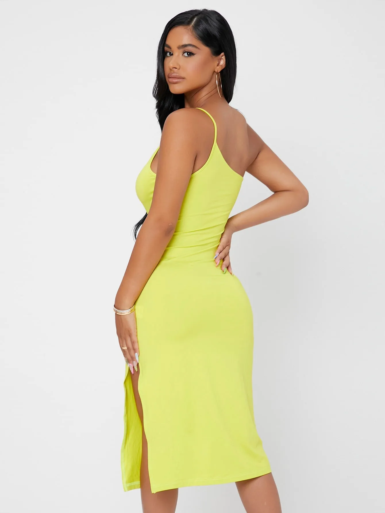 Elegant Plain Split Thigh Sleeveless Spaghetti Strap Slit High Waist Knee Length Dress