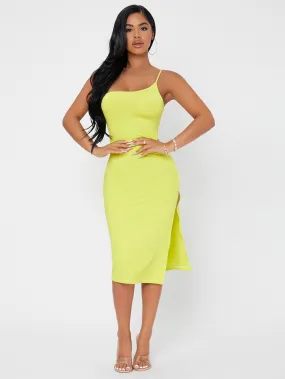 Elegant Plain Split Thigh Sleeveless Spaghetti Strap Slit High Waist Knee Length Dress