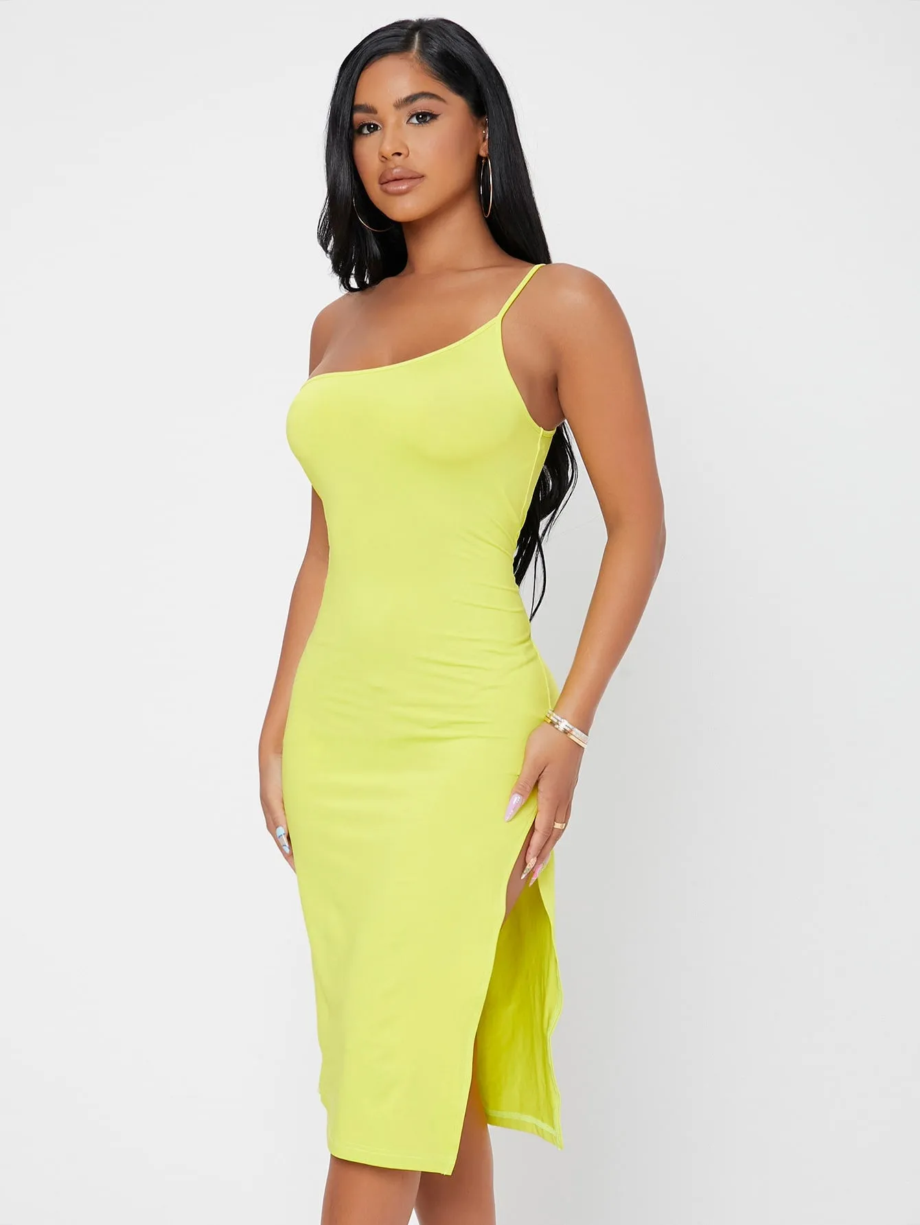 Elegant Plain Split Thigh Sleeveless Spaghetti Strap Slit High Waist Knee Length Dress