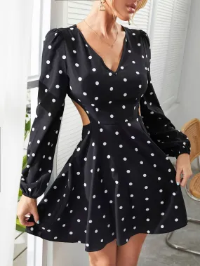 Elegant Polka Dot Cut Out Long Sleeve V Neck Flared High Waist Short Dress