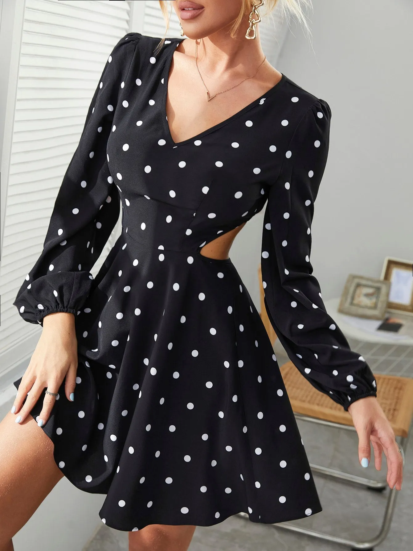 Elegant Polka Dot Cut Out Long Sleeve V Neck Flared High Waist Short Dress