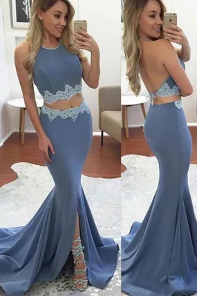 Elegant Two Pieces Mermaid Halter Backless Prom Dress