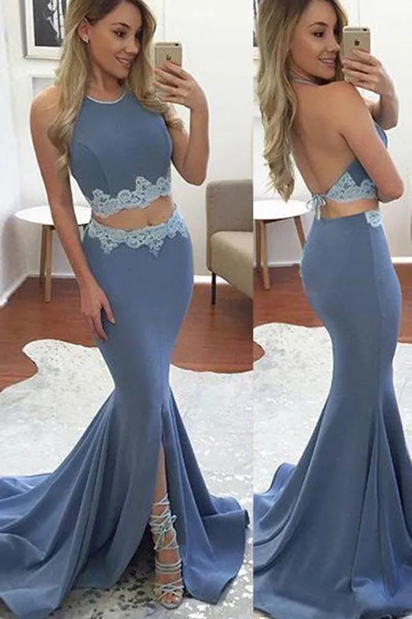 Elegant Two Pieces Mermaid Halter Backless Prom Dress