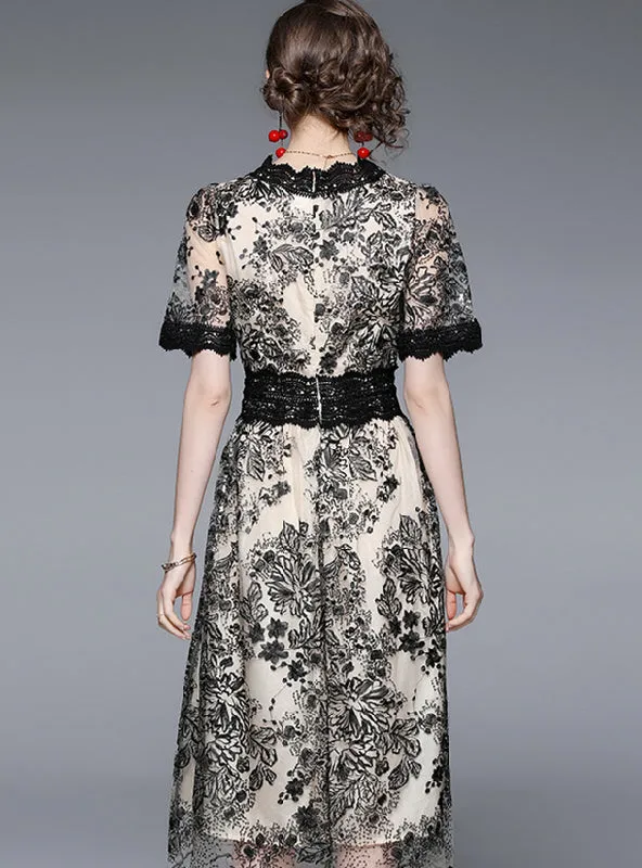 Embroidered Lace Mesh Ruffled Waist Dress