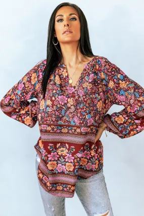 Floral Print V Neck Long Sleeve Blouse