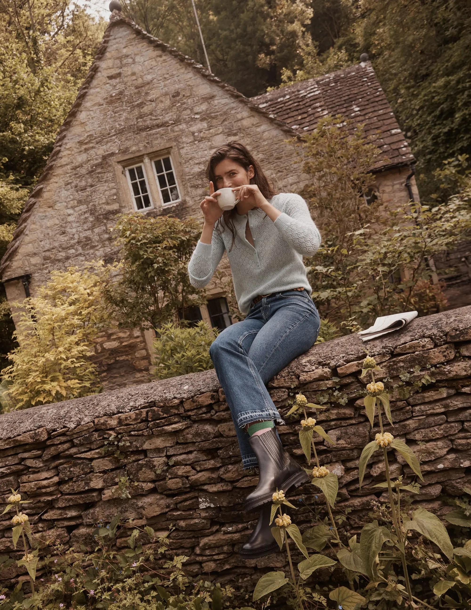 Fluffy Henley Pointelle Jumper-Gulf Stream