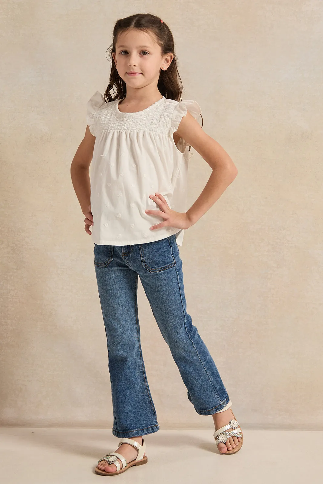 Girls White Allover Embroidered Blouse