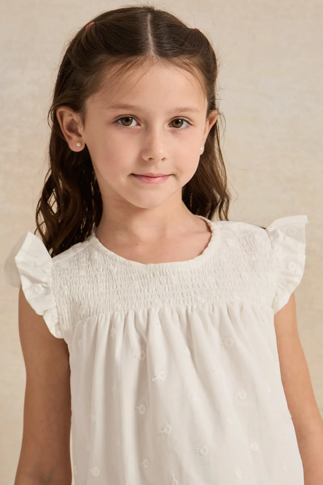 Girls White Allover Embroidered Blouse