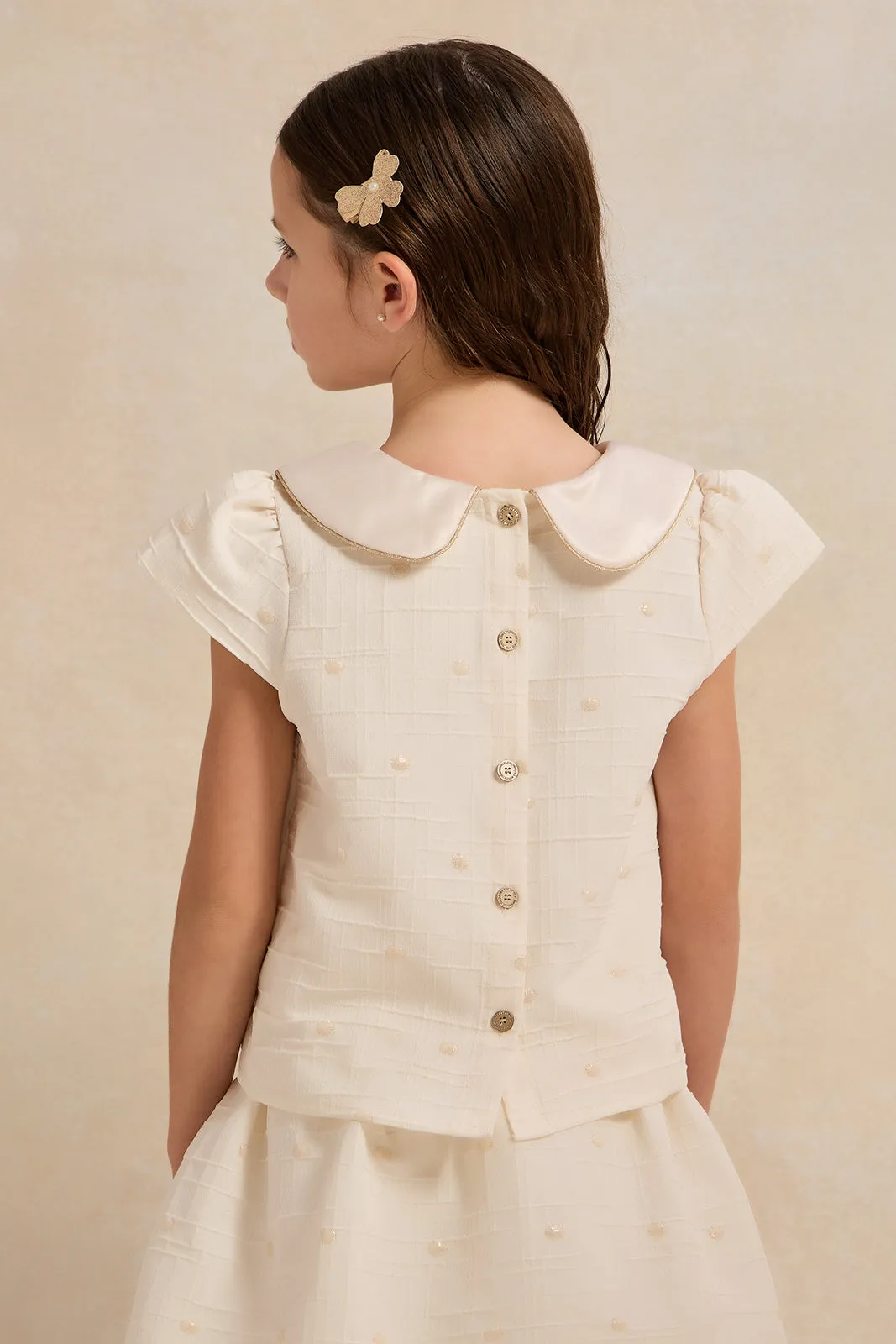 Girls White Polka Dot Jacquard Blouse