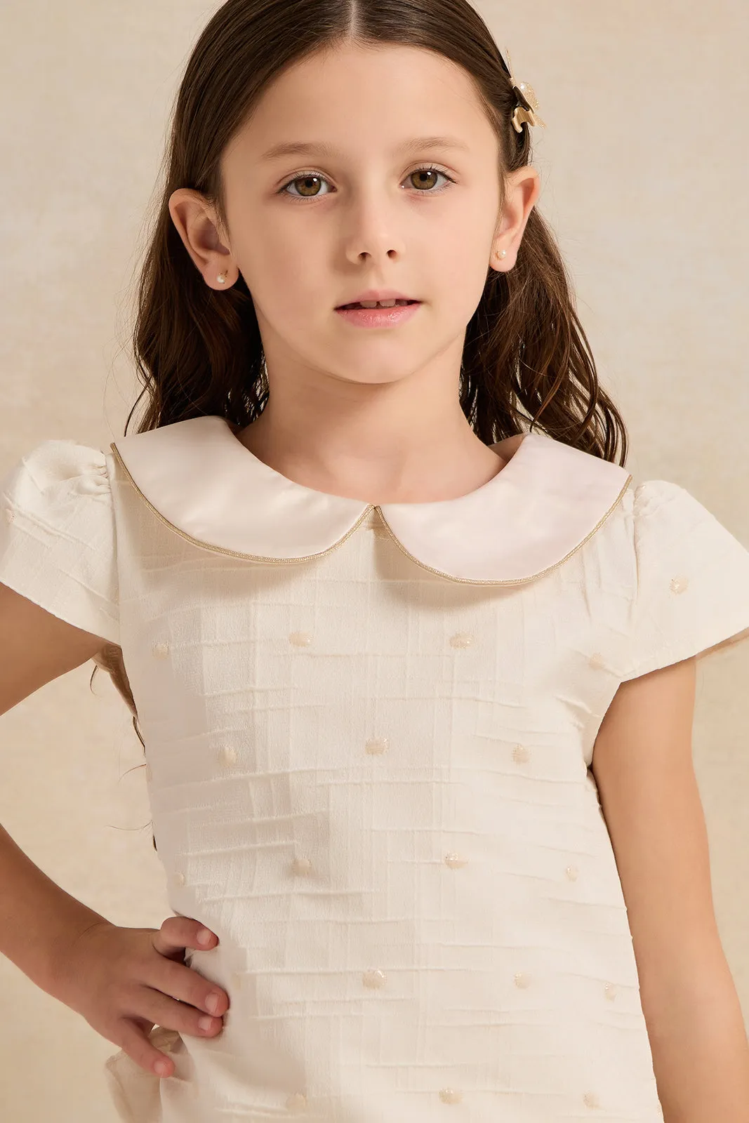 Girls White Polka Dot Jacquard Blouse