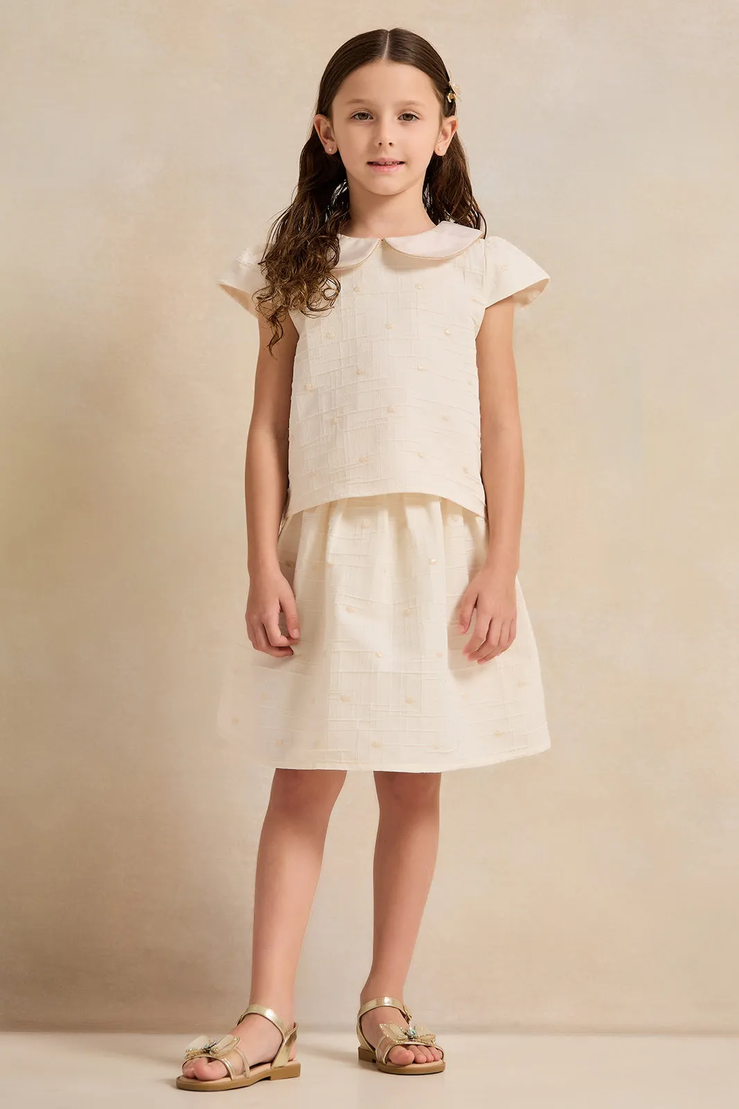 Girls White Polka Dot Jacquard Blouse