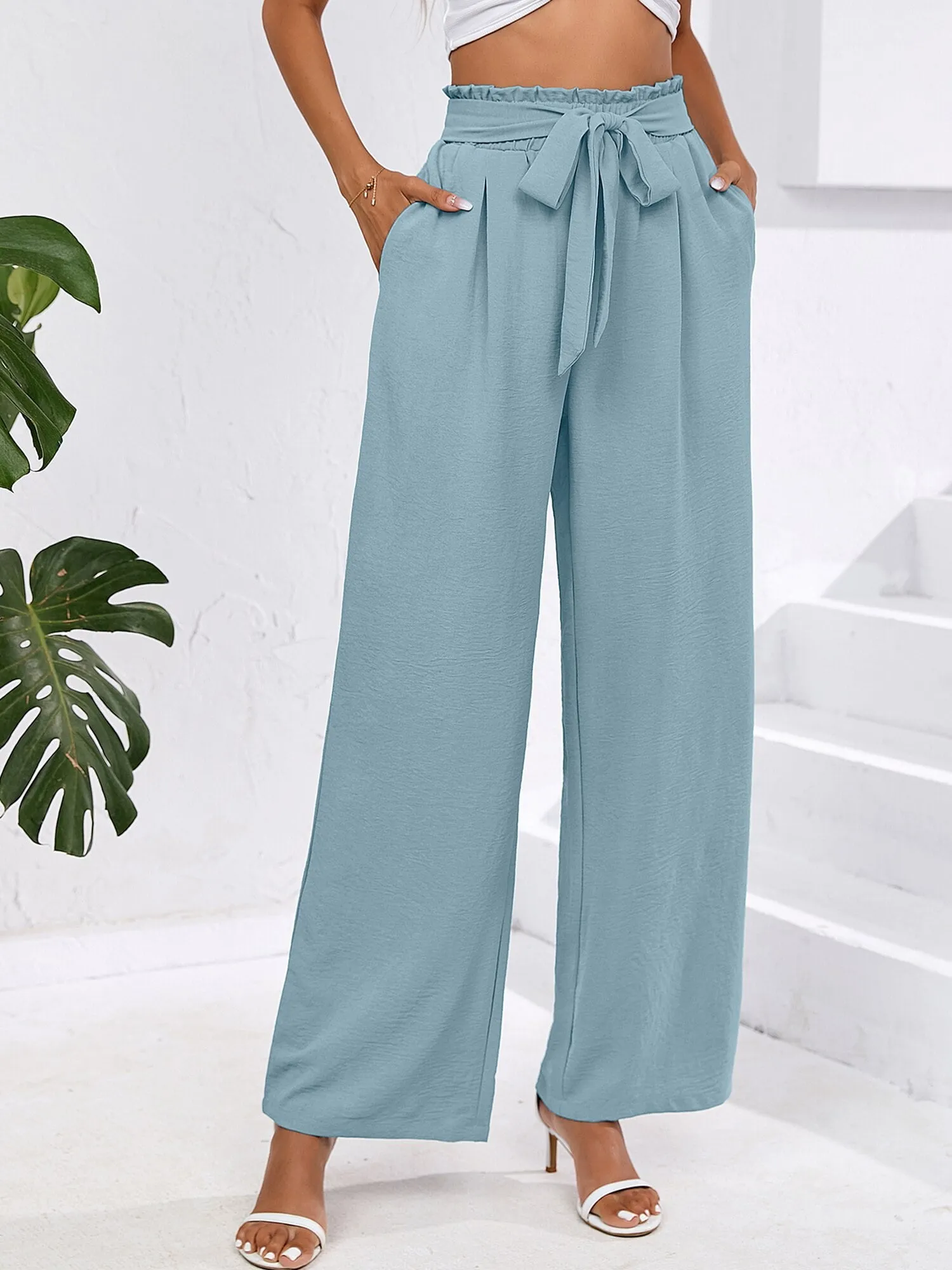 High Waist Wide Leg Palazzo Pants with Pockets with Loose Belt and super Flowy
