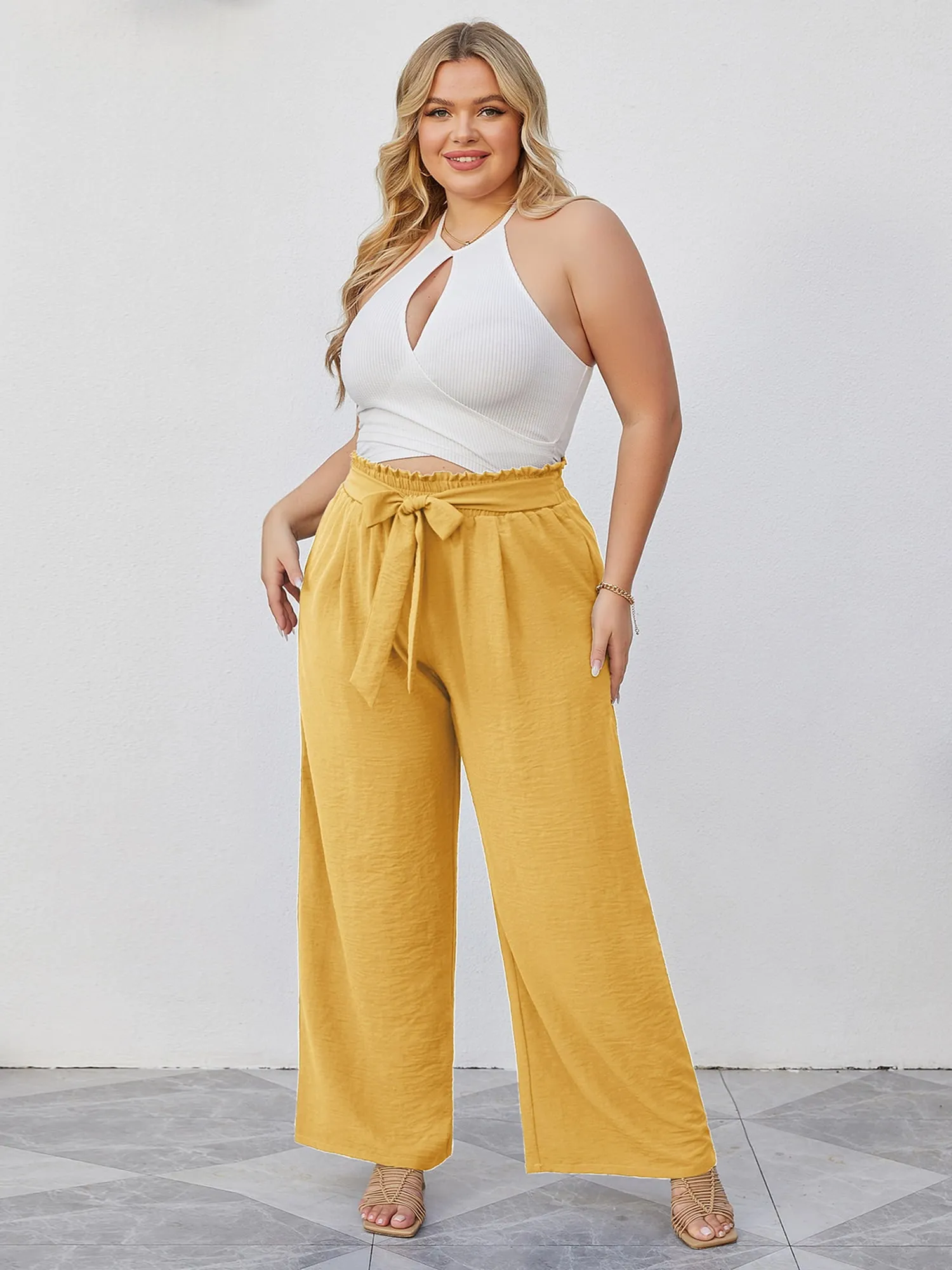 High Waist Wide Leg Palazzo Pants with Pockets with Loose Belt and super Flowy