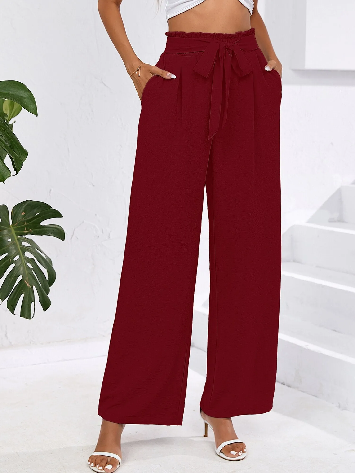 High Waist Wide Leg Palazzo Pants with Pockets with Loose Belt and super Flowy