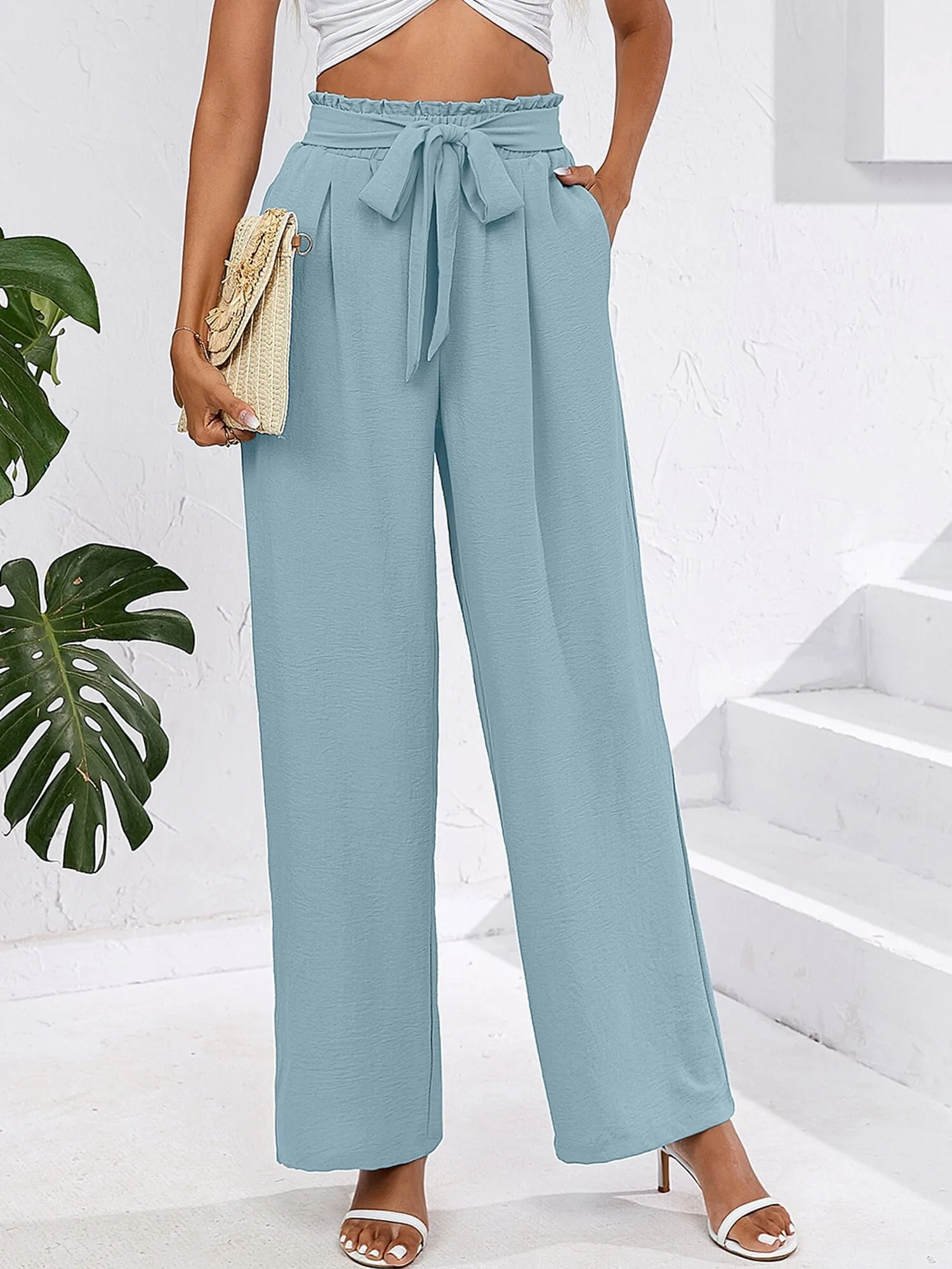 High Waist Wide Leg Palazzo Pants with Pockets with Loose Belt and super Flowy