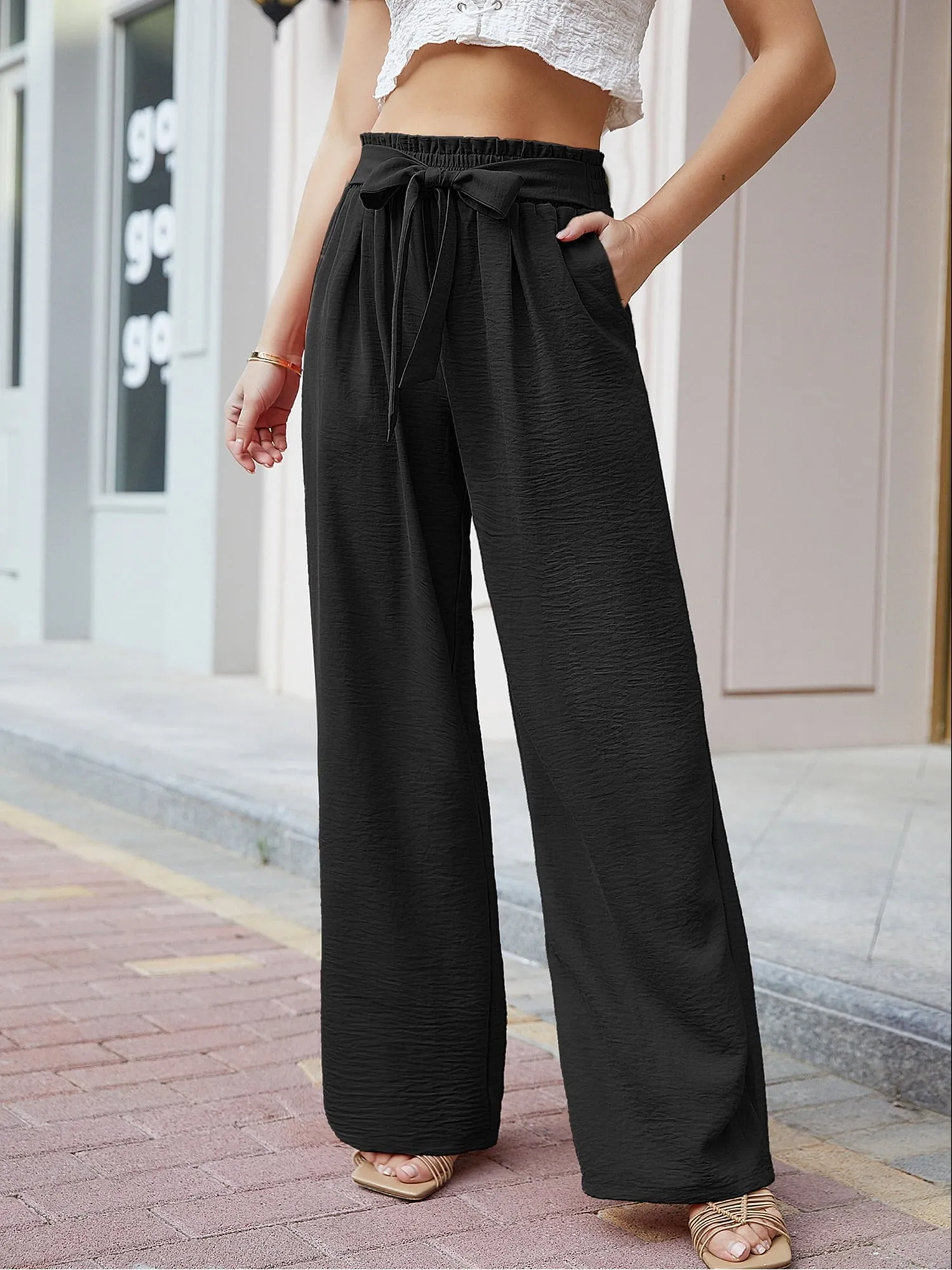 High Waist Wide Leg Palazzo Pants with Pockets with Loose Belt and super Flowy