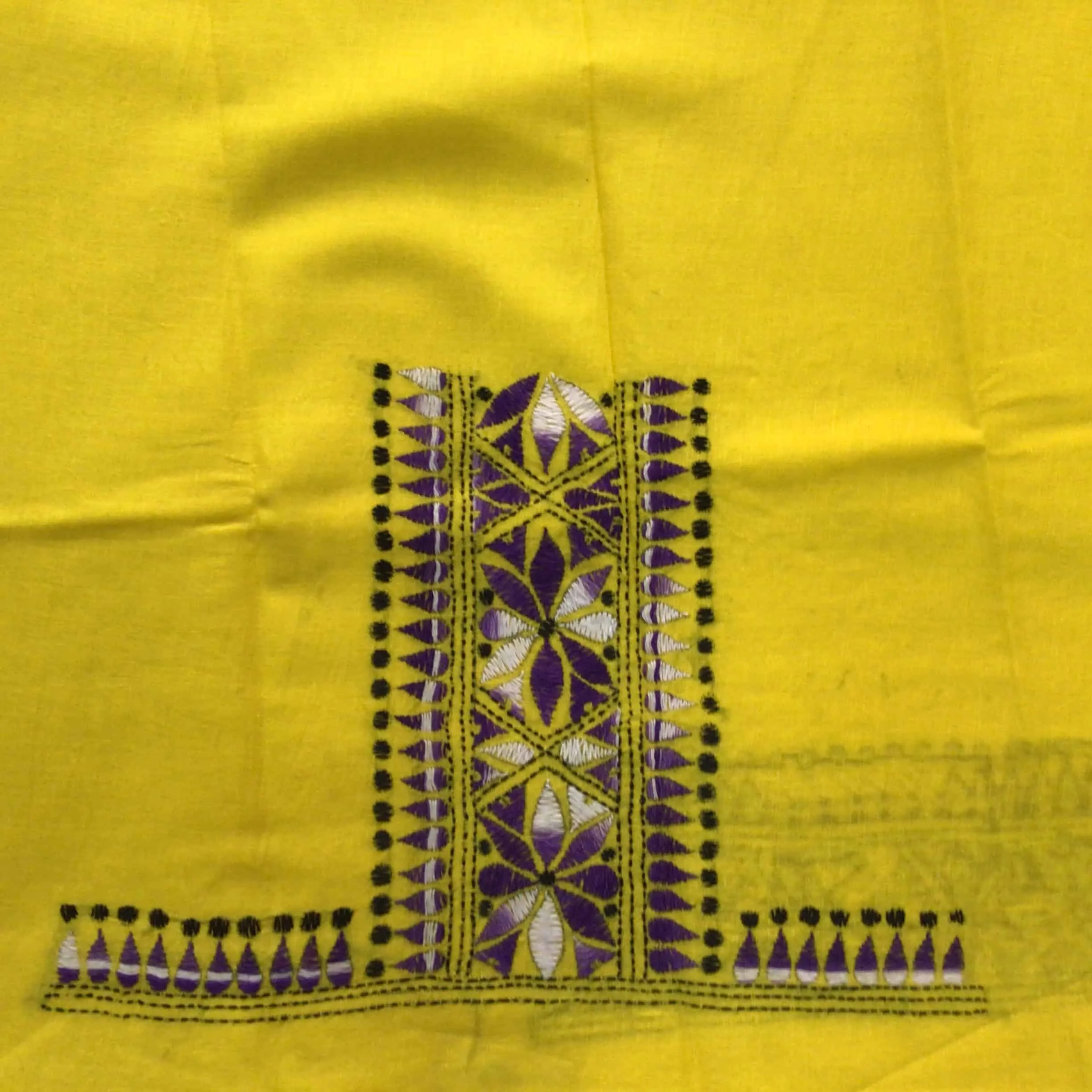 Indiva Yellow Kantha Blouse Piece with Purple Embroidery