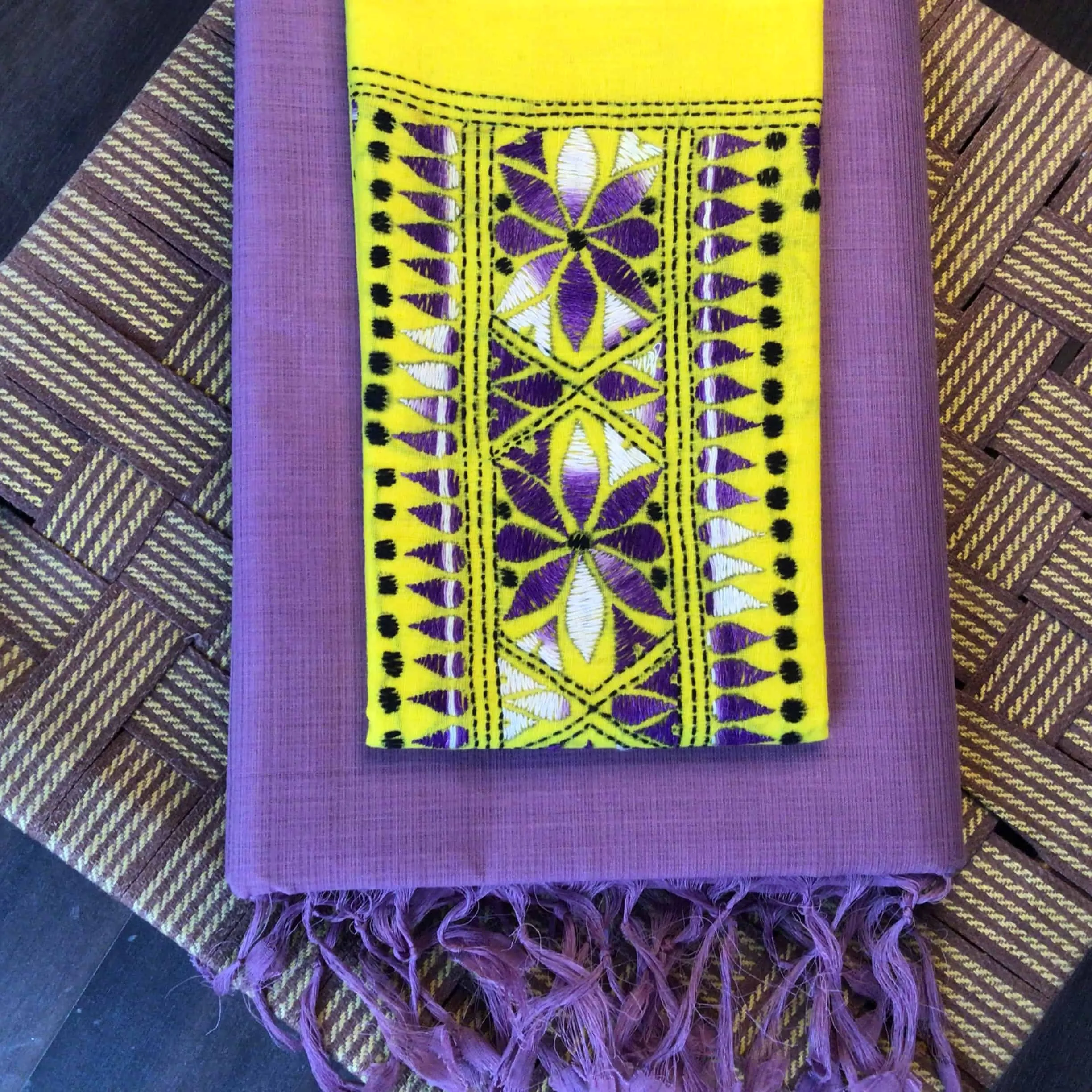 Indiva Yellow Kantha Blouse Piece with Purple Embroidery