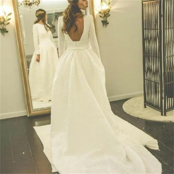 Ivory Long Sleeves Backless Simple Wedding Dress,Elegant A Line Prom Dress PFW0131