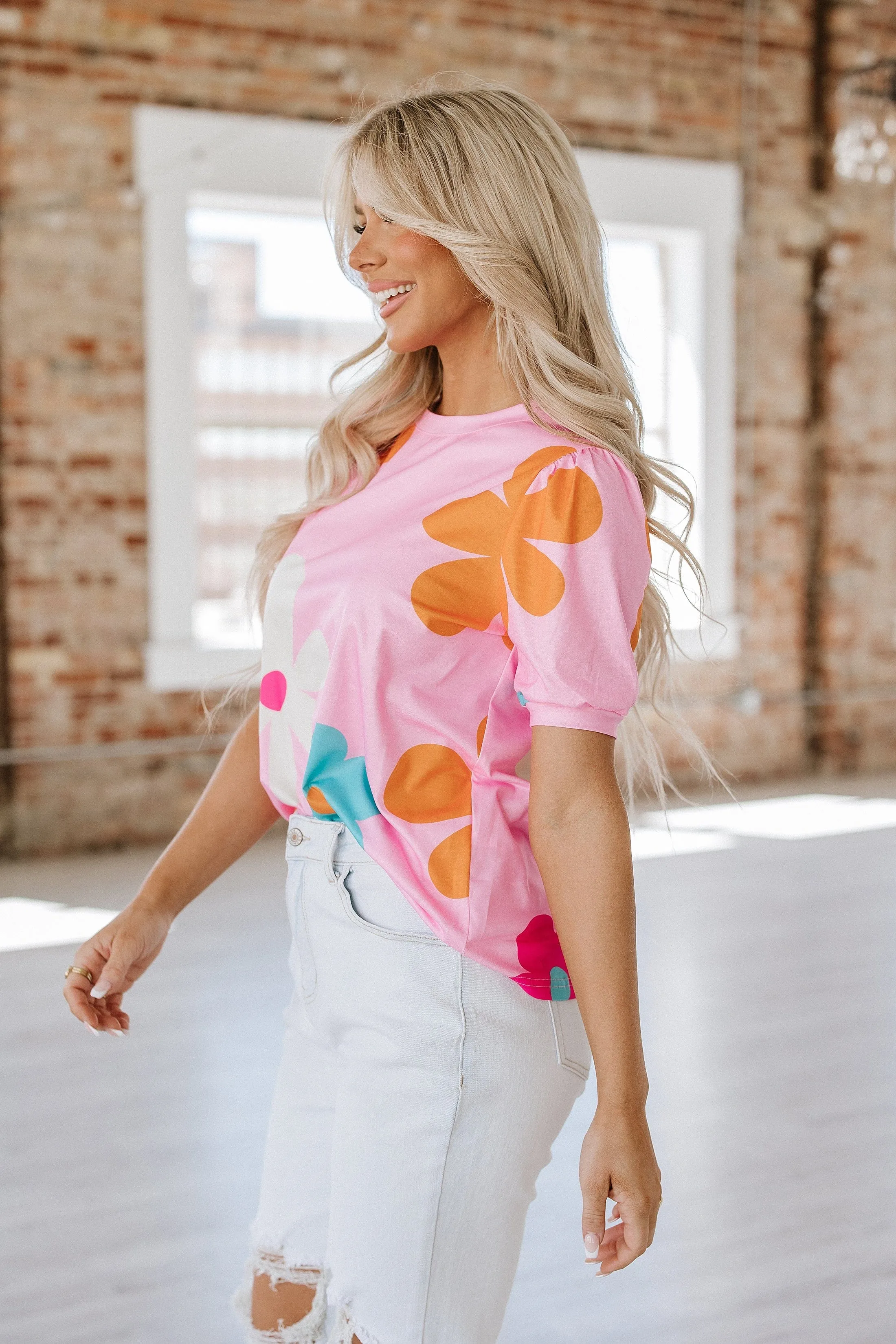 Kenzie Flower Print Bubble Sleeve Top | S-2XL