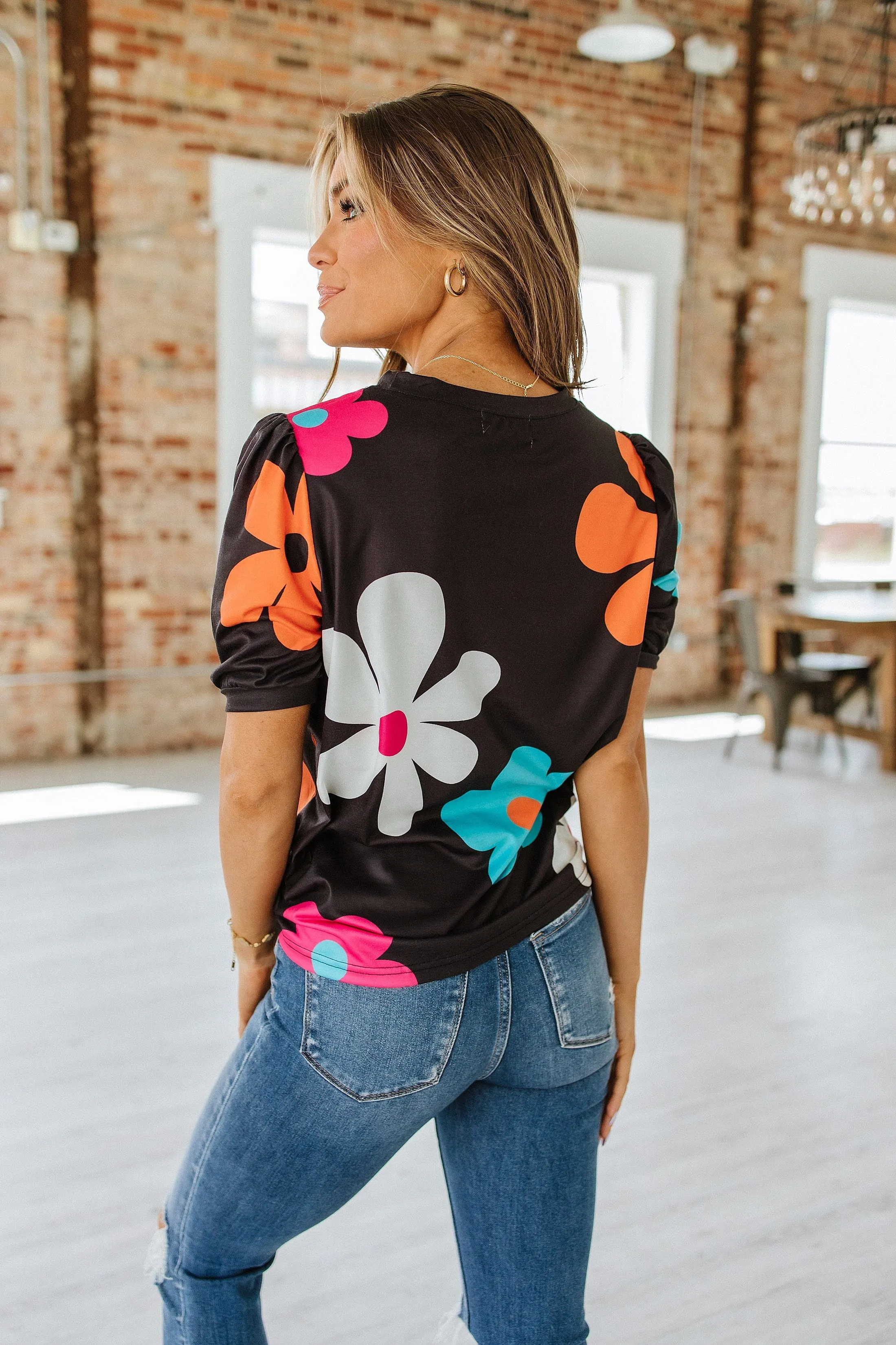 Kenzie Flower Print Bubble Sleeve Top | S-2XL