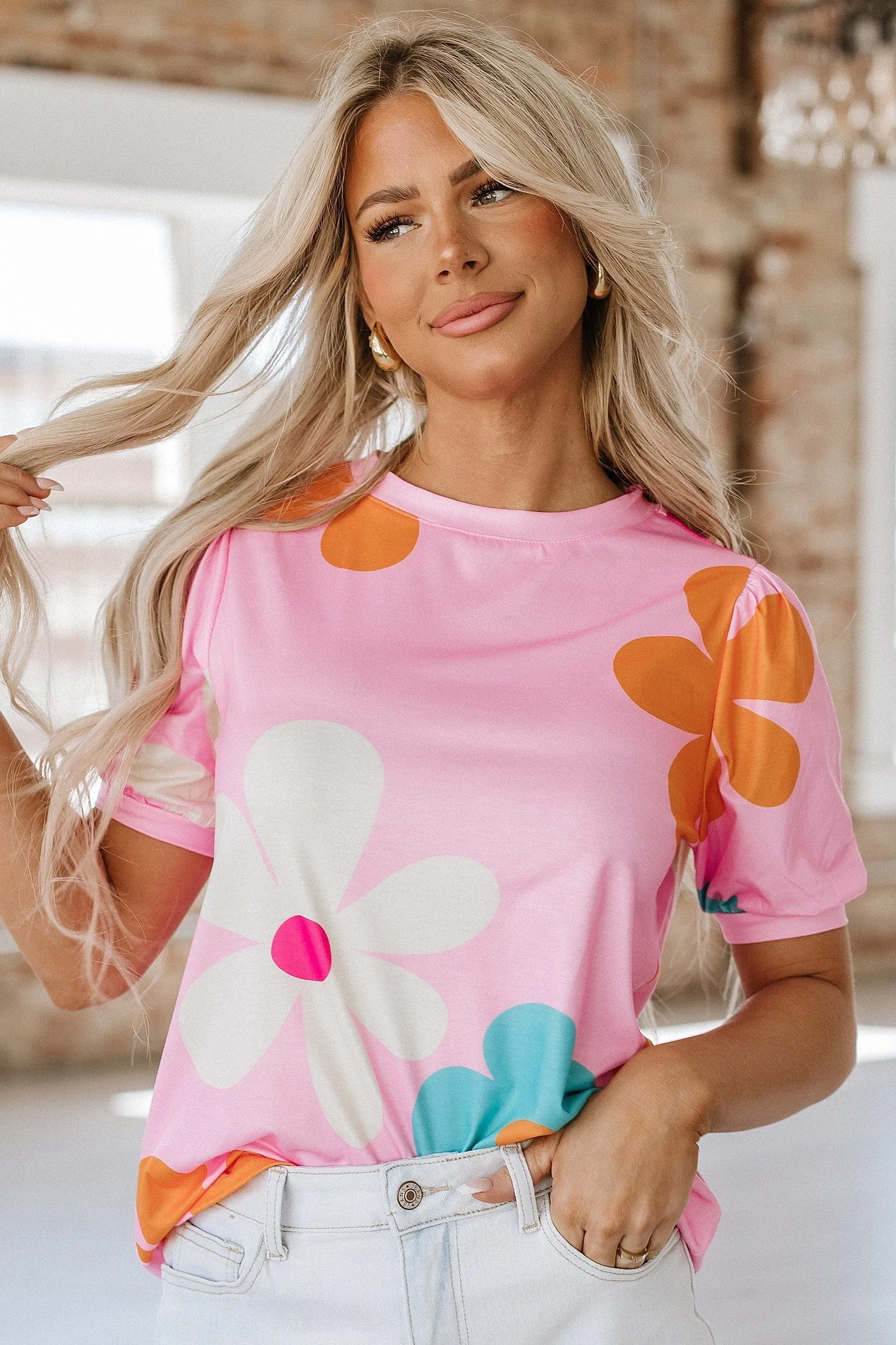 Kenzie Flower Print Bubble Sleeve Top | S-2XL