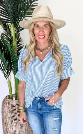 Lakeside Striped Tie-Keyhole Short Sleeve Blouse Top  - Final Sale