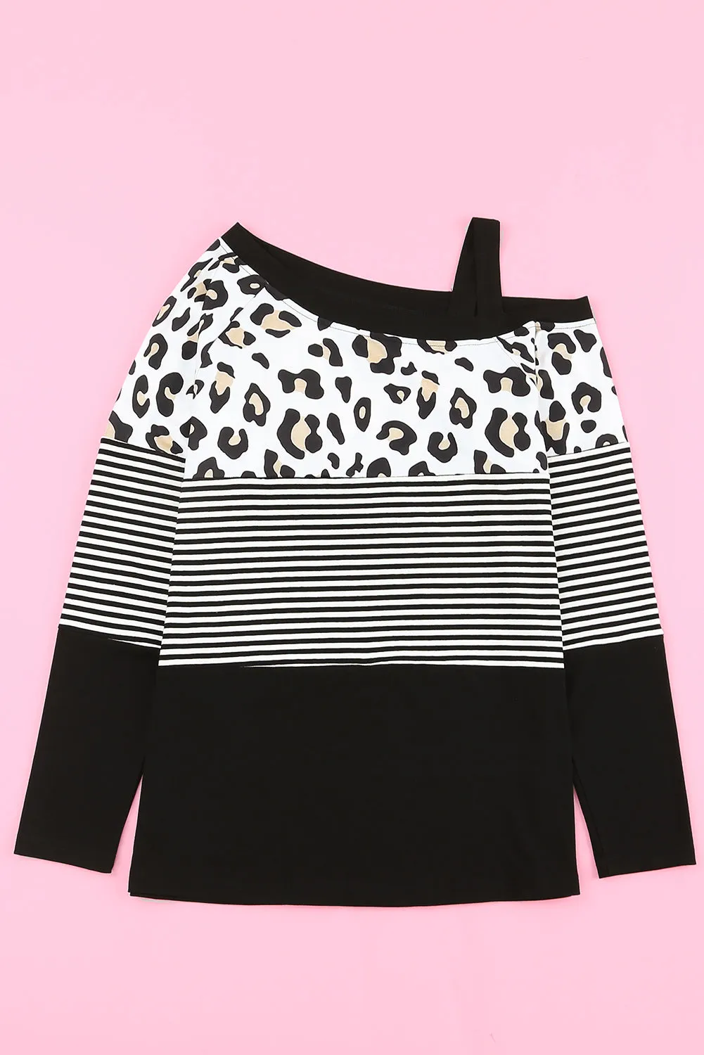 Leopard Striped Slash Collar Long Sleeve Blouse