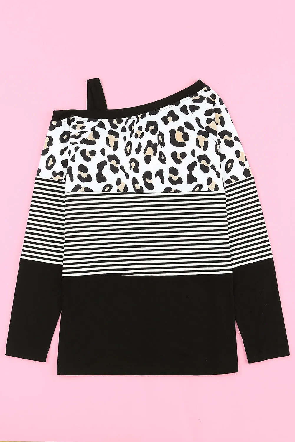 Leopard Striped Slash Collar Long Sleeve Blouse