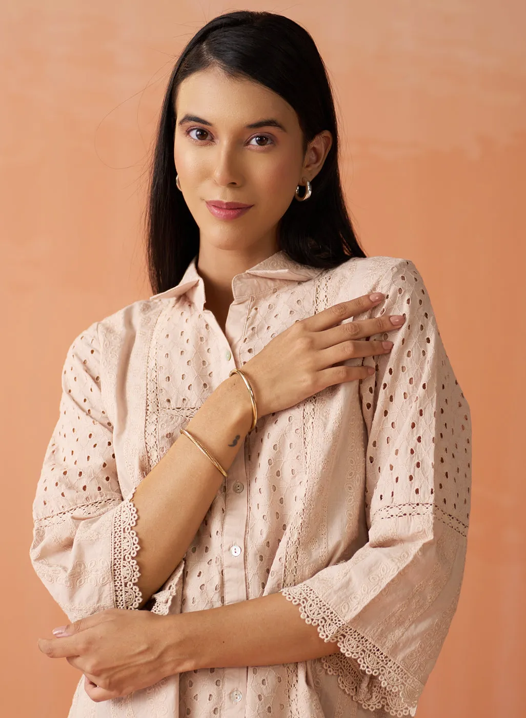 Mehreen Peach Dust Embroidered Schiffli Kurti For Women