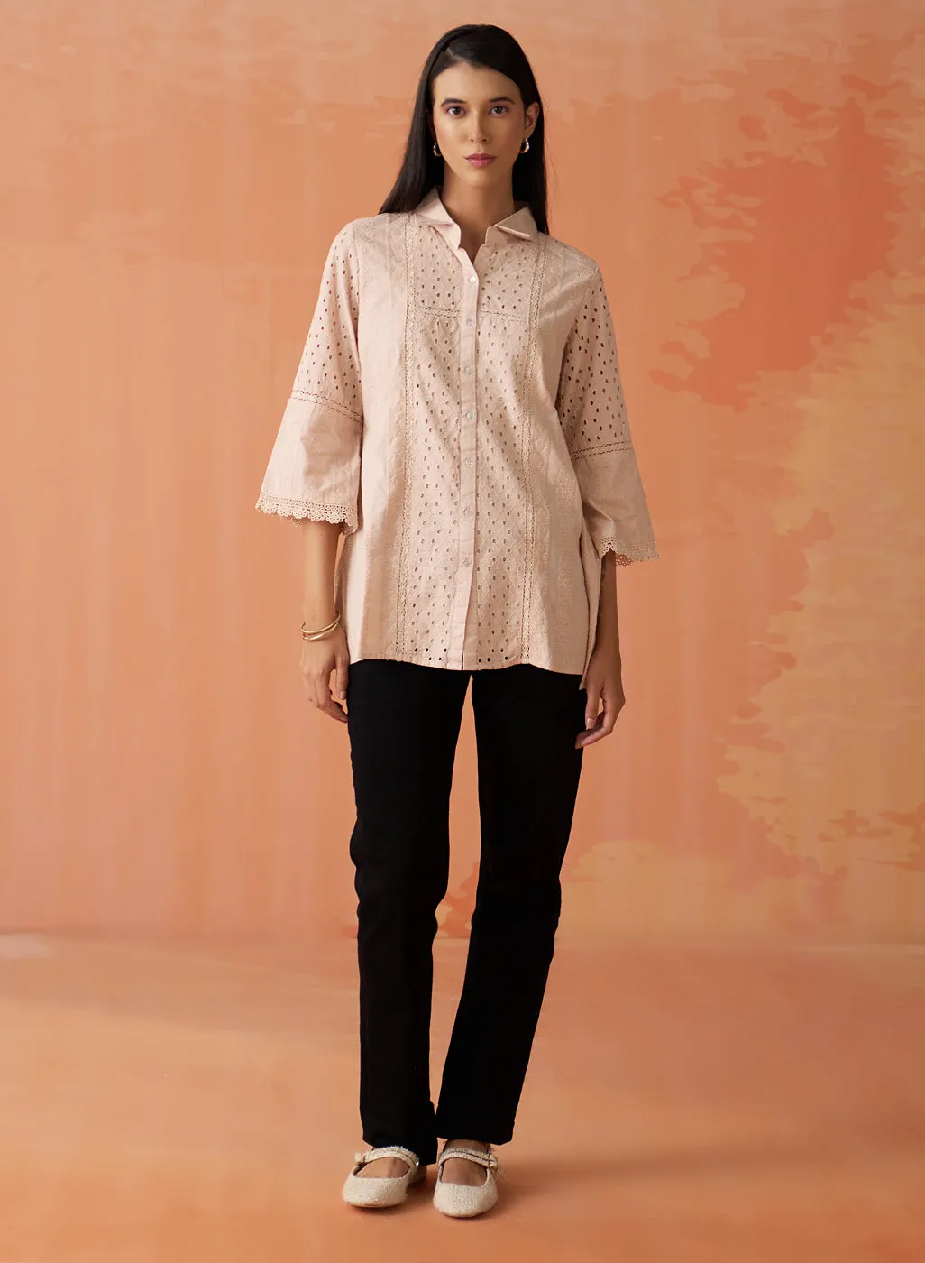 Mehreen Peach Dust Embroidered Schiffli Kurti For Women