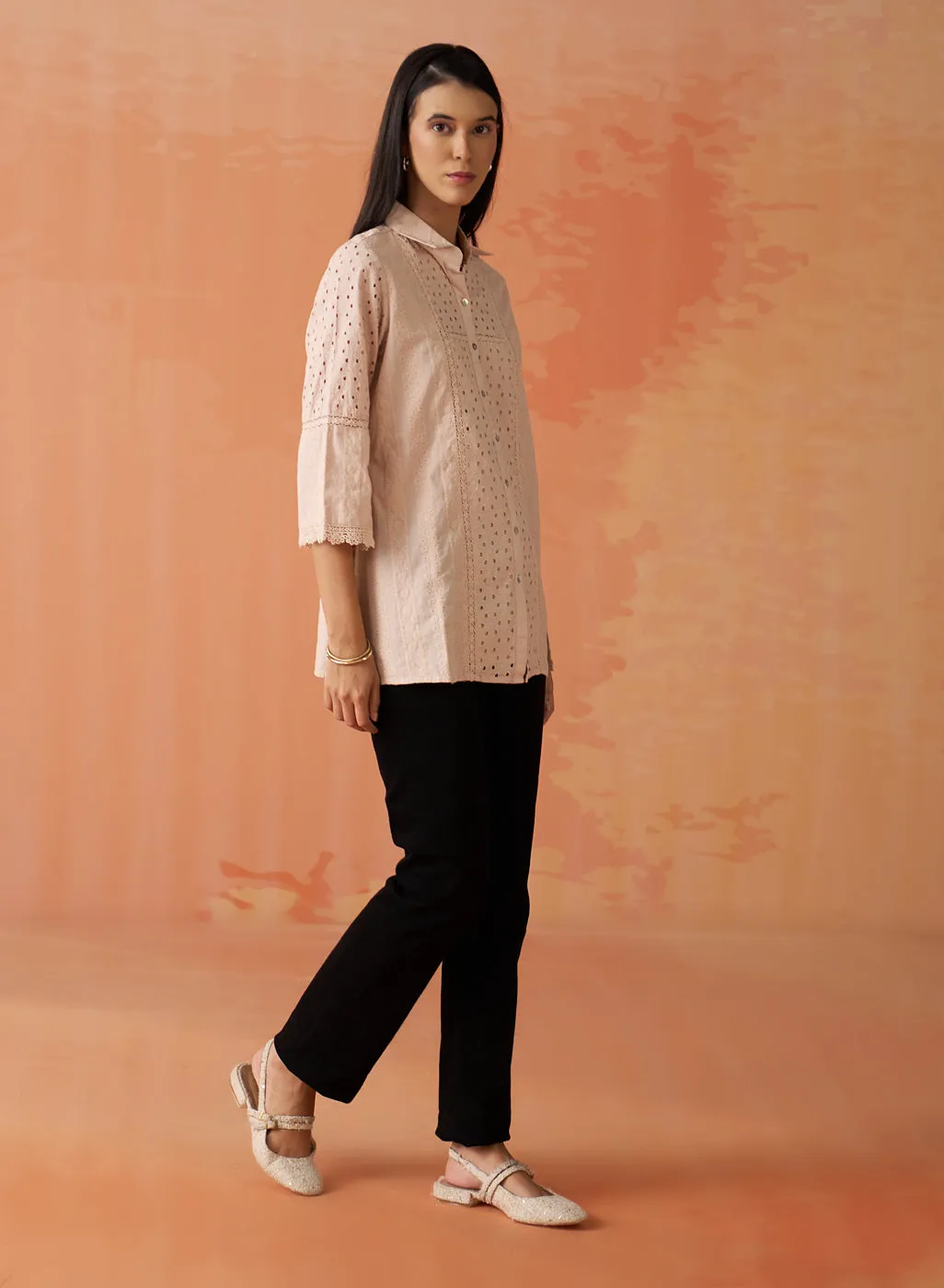 Mehreen Peach Dust Embroidered Schiffli Kurti For Women