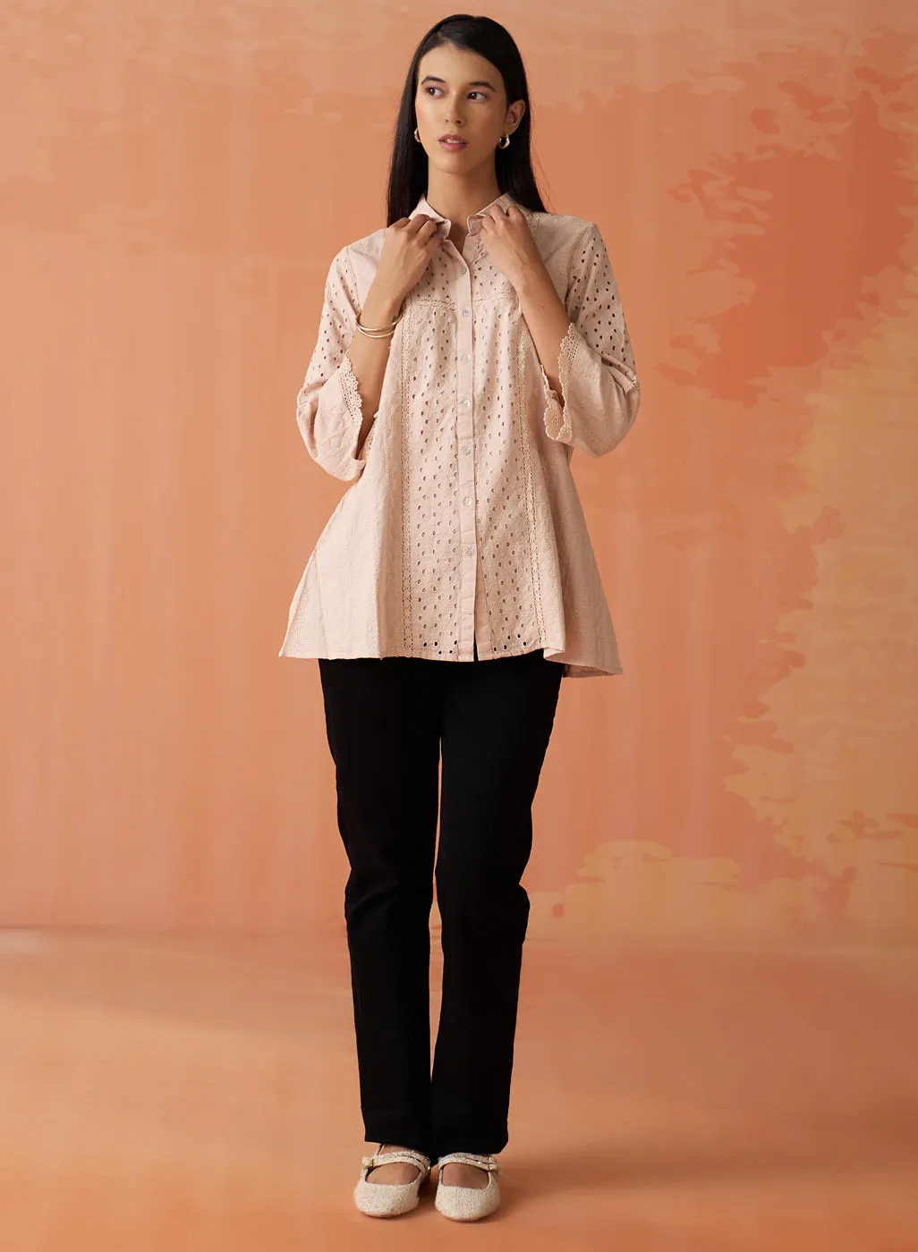 Mehreen Peach Dust Embroidered Schiffli Kurti For Women