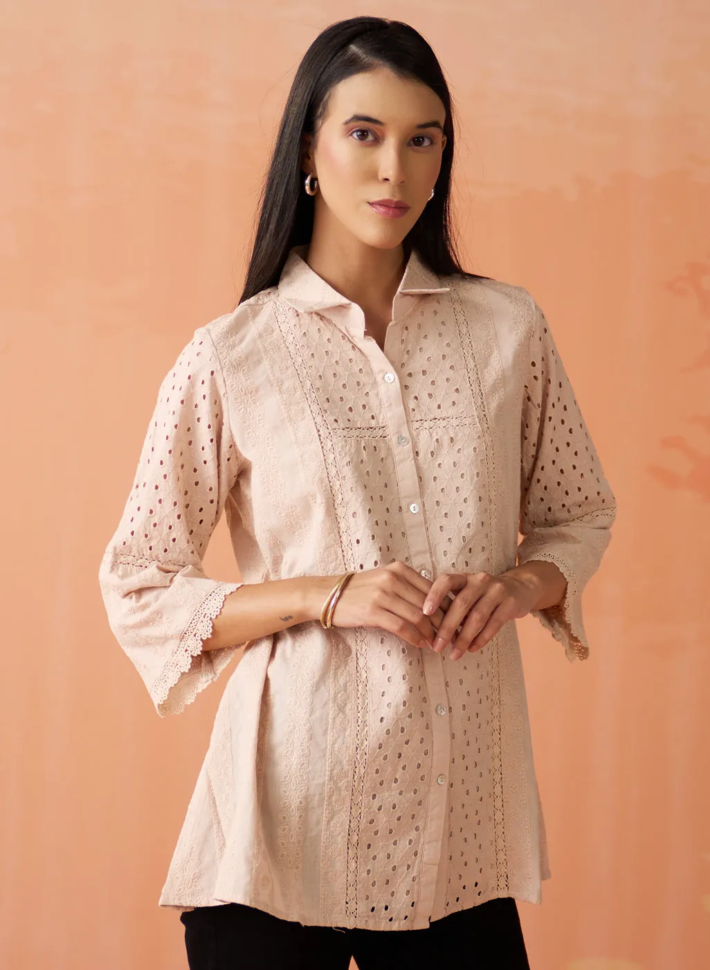 Mehreen Peach Dust Embroidered Schiffli Kurti For Women