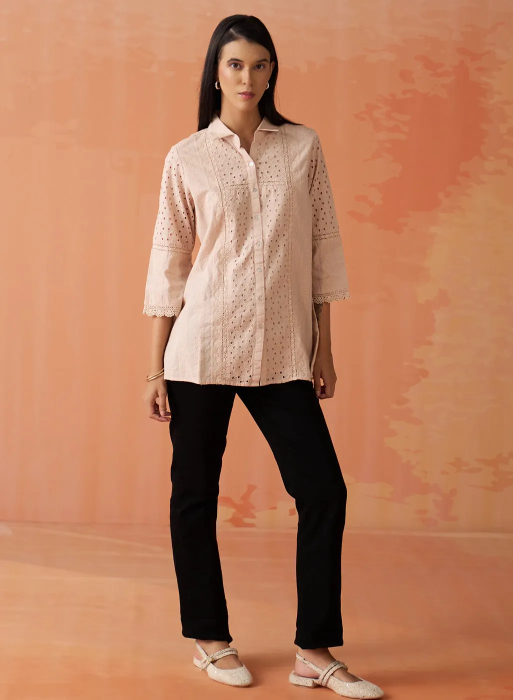 Mehreen Peach Dust Embroidered Schiffli Kurti For Women
