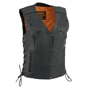 Milwaukee Leather ML1296 Women's Black Leather Side Lace Motorcycle Rider Vest- Reflective Piping and Black Skulls