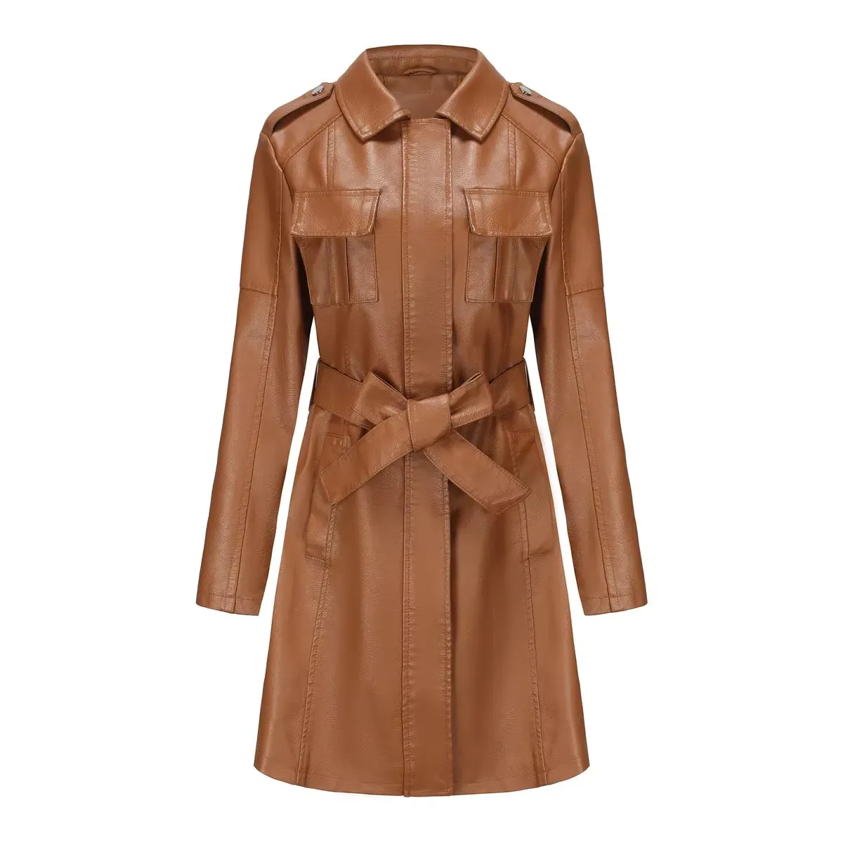 Modern High Quality Long Leather Trench Coat for Women with Belt Eleganr Fashion