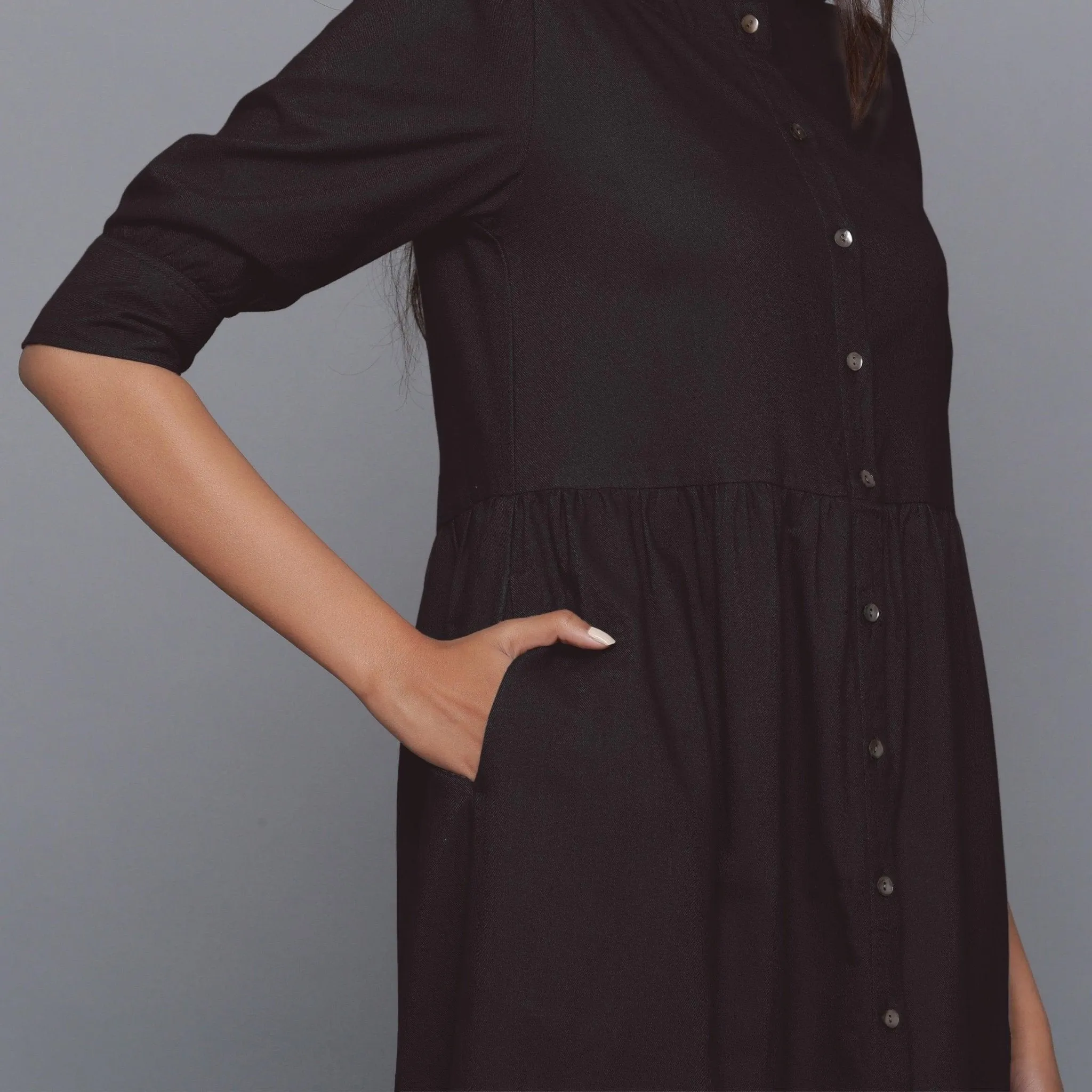 Moonlight Black Warm Cotton Flannel Gathered Maxi Dress
