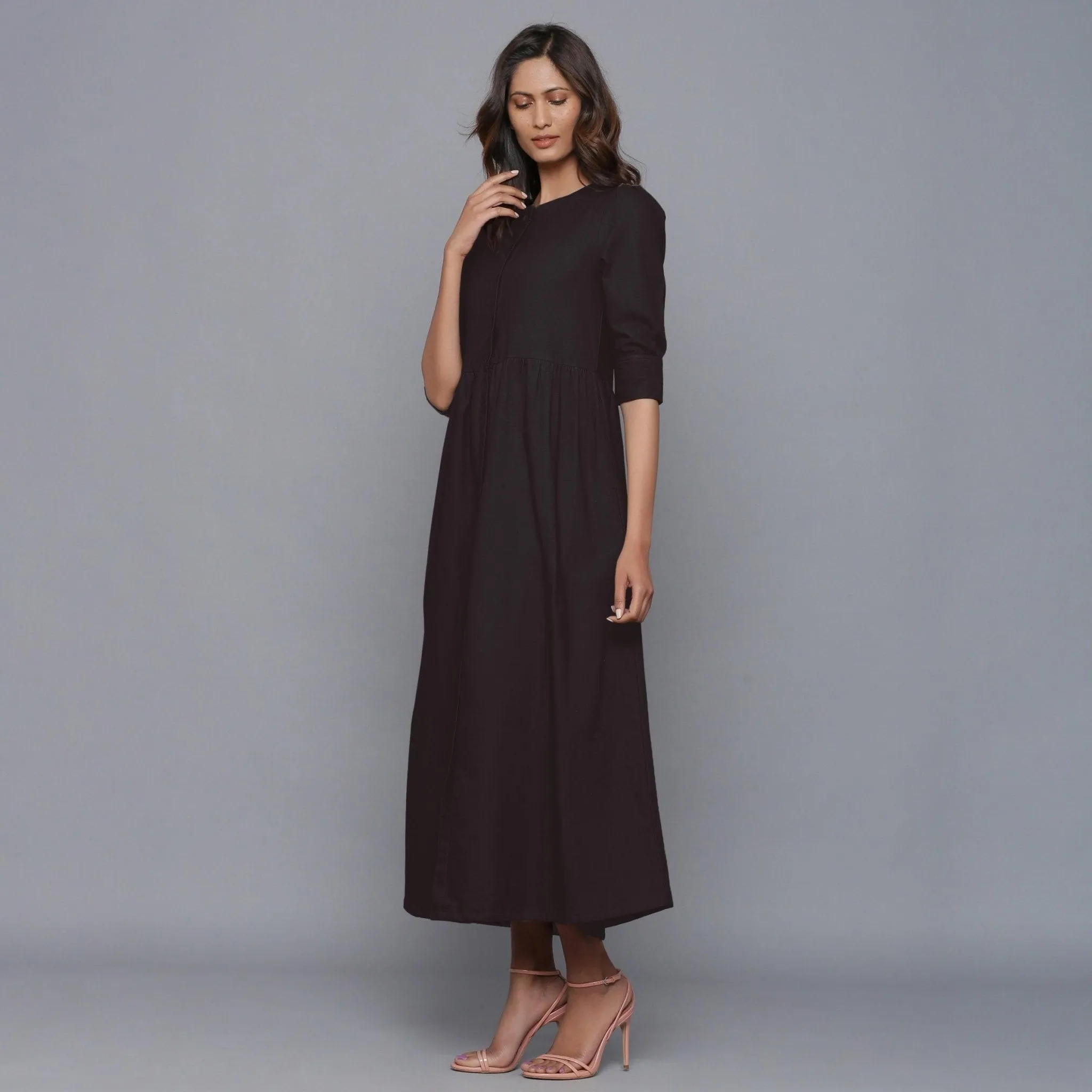 Moonlight Black Warm Cotton Flannel Gathered Maxi Dress