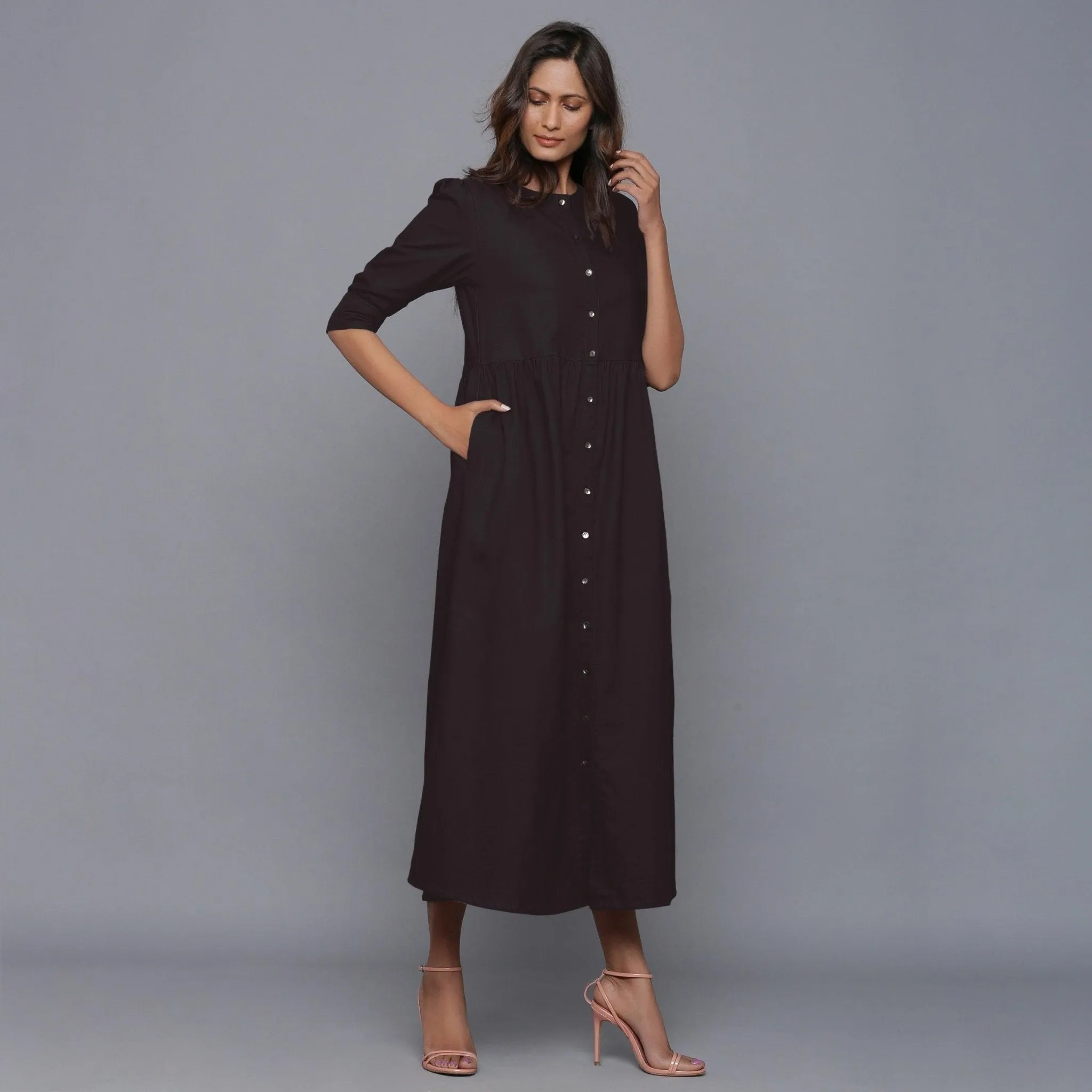 Moonlight Black Warm Cotton Flannel Gathered Maxi Dress