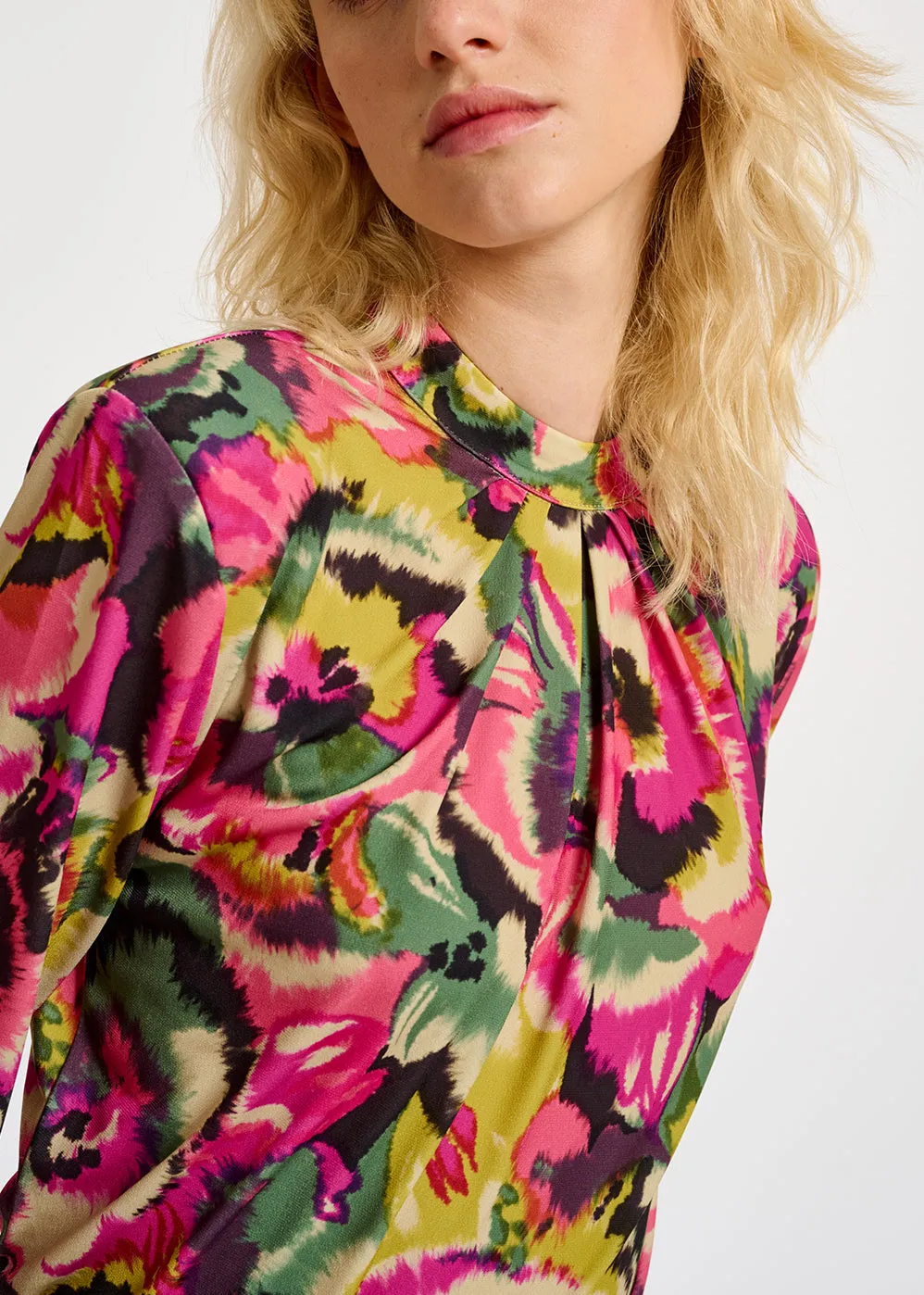 Multicolor floral-print mock neck top