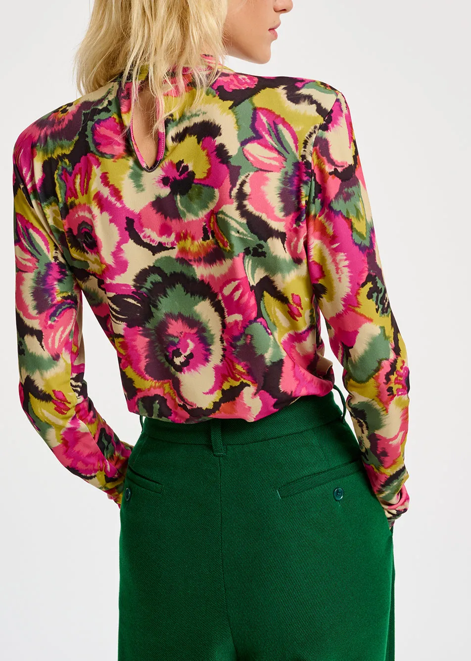 Multicolor floral-print mock neck top