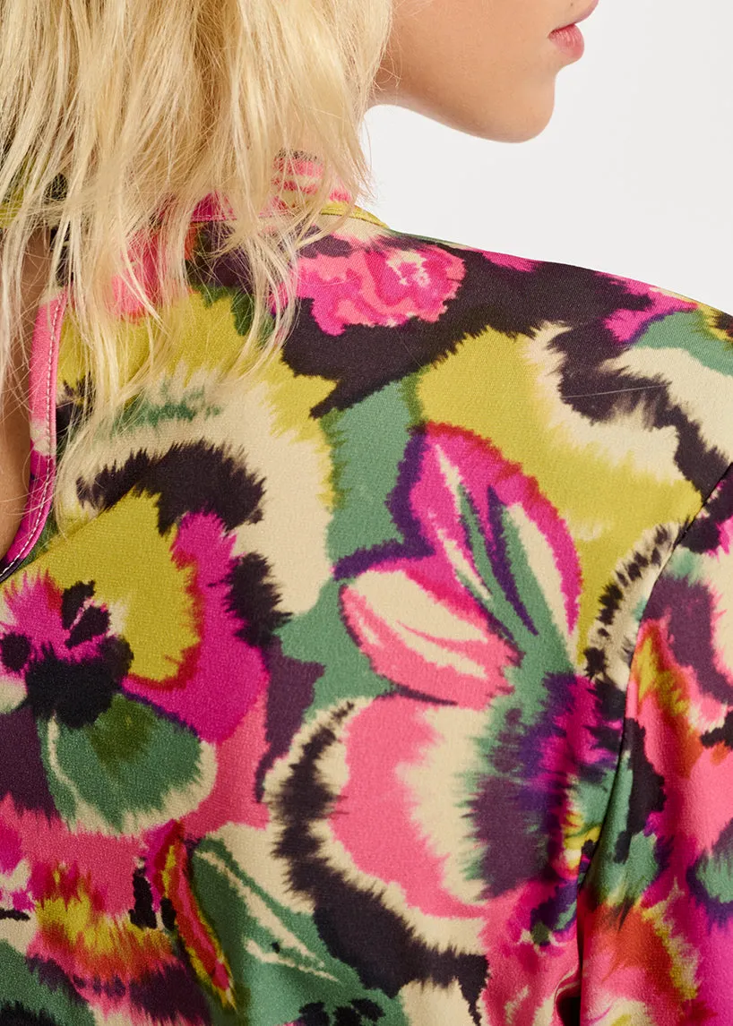 Multicolor floral-print mock neck top
