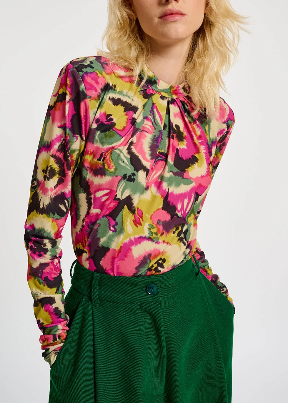 Multicolor floral-print mock neck top