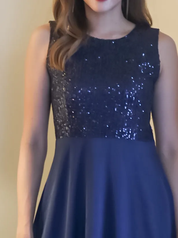 Navy Blue Sequinned Fit & Flared Maxi Dress