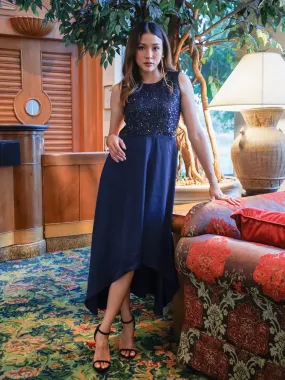 Navy Blue Sequinned Fit & Flared Maxi Dress