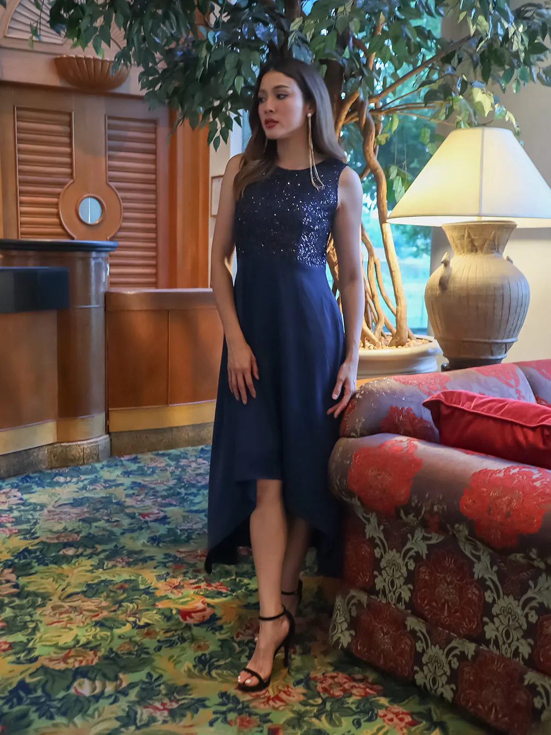 Navy Blue Sequinned Fit & Flared Maxi Dress