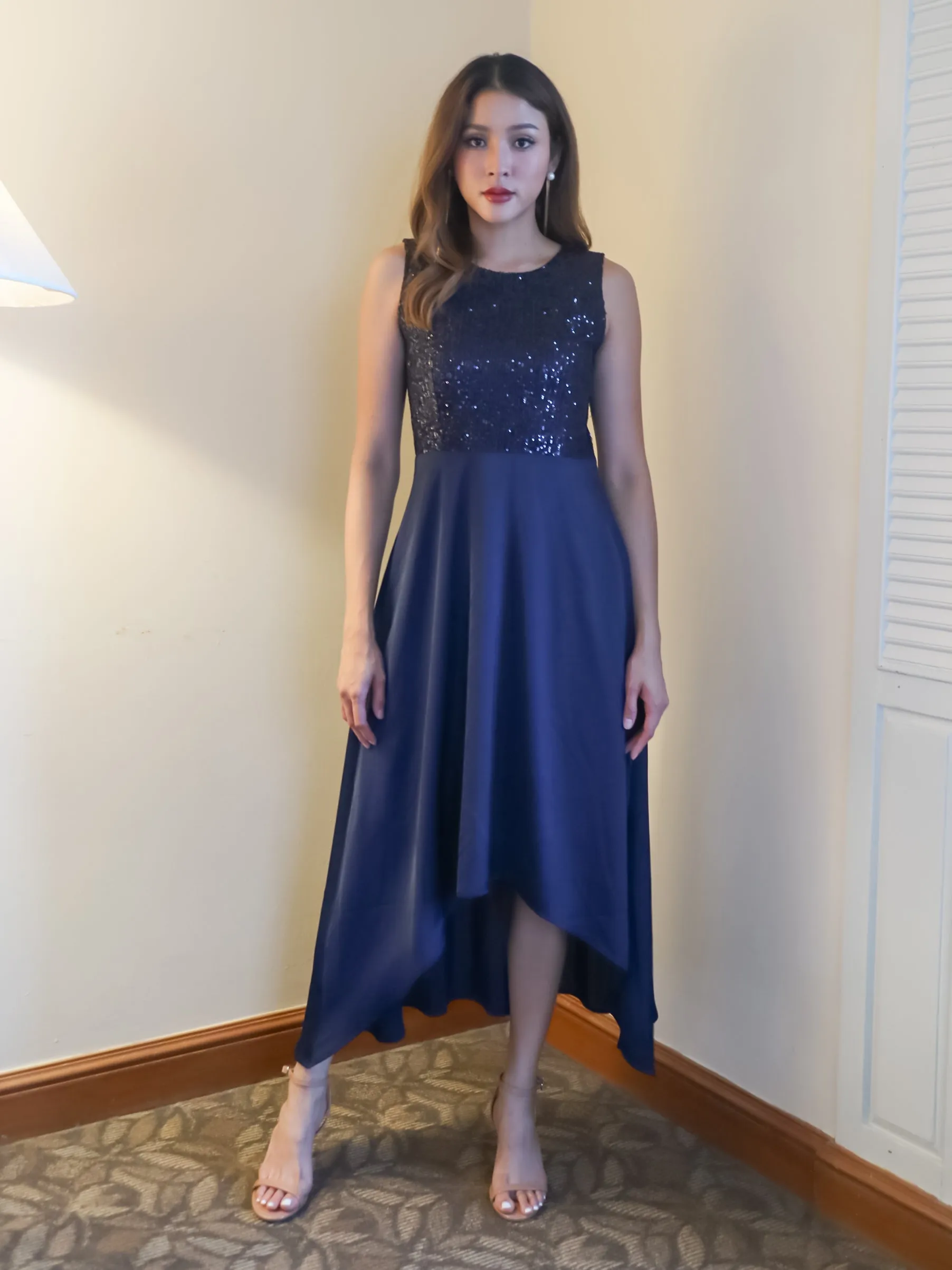 Navy Blue Sequinned Fit & Flared Maxi Dress